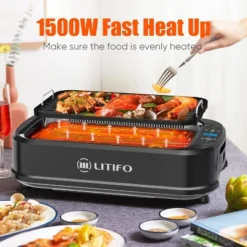 Litifo Smokeless Grill, Portable Electric Grill With Non-Stick Coating Black