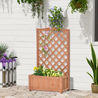Outsunny 27.5" X 11" X 46" Raised Garden Bed Wood Planter With Trellis For Vine Climbing, To Grow Vegetables, Herbs, Flowers For Backyard, Brown 4 Outsunny 27.5" X 11" X 46" Raised Garden Bed Wood Planter With Trellis For Vine Climbing, To Grow Vegetables, Herbs, Flowers For Backyard, Brown - Image 2