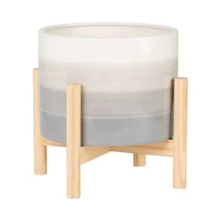 Sagebrook Home 8" Wide Gradient Ceramic Planter Pot With Wood Stand Gray/Beige