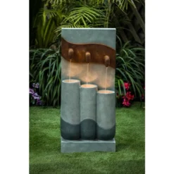 LuxenHome Gray Cement Pots And Rectangular Column Outdoor Fountain With LED Lights