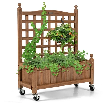 Costway 32in Wood Planter Box W/Trellis Mobile Raised Bed For Climbing Plant 13 Costway 32in Wood Planter Box W/Trellis Mobile Raised Bed For Climbing Plant - Image 11