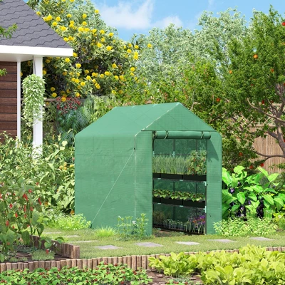 Outsunny 84.25" X 56.25" X 76.75" Walk-in Greenhouse, 3-Tier Shelves, Steel Frame Hot House, Roll-Up Zipper Door For Flowers, Vegetables, Green 3 Outsunny 84.25" X 56.25" X 76.75" Walk-in Greenhouse, 3-Tier Shelves, Steel Frame Hot House, Roll-Up Zipper Door For Flowers, Vegetables, Green
