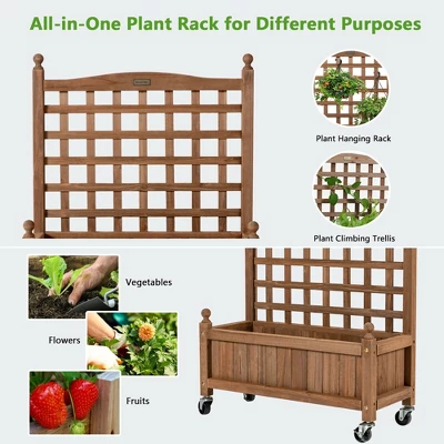 Costway 32in Wood Planter Box W/Trellis Mobile Raised Bed For Climbing Plant 6 Costway 32in Wood Planter Box W/Trellis Mobile Raised Bed For Climbing Plant - Image 4