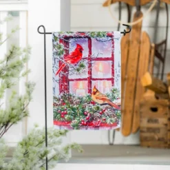 Evergreen Cardinals In The Window Garden Suede Flag