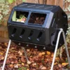 FCMP Outdoor IM4000-WK 37 Gallon Plastic Dual Chamber Tumbling Composter Outdoor Elevated Rotating Garden Compost Bin With Wheels, Black/Black