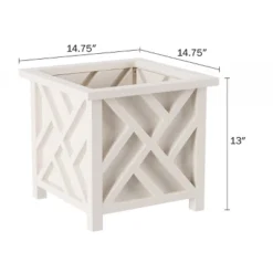 Lattice Design Planter Box – 14.75-Inch-Square Decorative Outdoor Flower Or Plant Pot – Front Porch, Patio, And Garden Decor By Nature Spring (White)