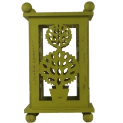 Melrose 12.5" Pistachio Green Distressed Double Ball Tree Cut-Out Pillar Candle Lantern