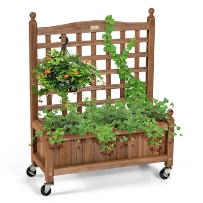 Costway 32in Wood Planter Box W/Trellis Mobile Raised Bed For Climbing Plant 10 Costway 32in Wood Planter Box W/Trellis Mobile Raised Bed For Climbing Plant - Image 8