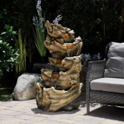 47" Resin Outdoor 5-Tier Tree Trunk Waterfall Floor Fountain With LED Lights Brown - Alpine Corporation