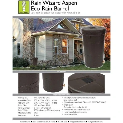 Good Ideas Aspen ECO 50 Gallon Capacity Rain Barrel Water Storage Collector Saver With Brass Spigot And Removable Lid, Oak Brown 4 Good Ideas Aspen ECO 50 Gallon Capacity Rain Barrel Water Storage Collector Saver With Brass Spigot And Removable Lid, Oak Brown - Image 2