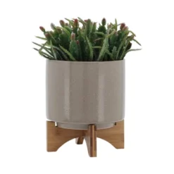 Sagebrook Home 8" Wide Ceramic Planter With Wood Stand Beige -Garden Promotional Store GUEST 645feed8 251d 478e af09 1cf78ac3c7be