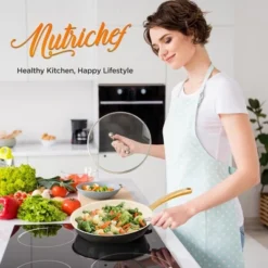 NutriChef 12” Fry Pan With Lid - Large Skillet Nonstick Frying Pan With Golden Titanium Coated Silicone Handle, Ceramic Coating -Garden Promotional Store GUEST 6bd840ee 958c 46e7 9d59 7f54ea0ddc52