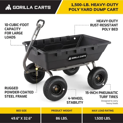 Gorilla Carts 1500 Pound Capacity Heavy Duty Poly Yard Garden Steel Dump Utility Wheelbarrow Wagon Cart With 2 In 1 Towing ATV Handle, Black 3 Gorilla Carts 1500 Pound Capacity Heavy Duty Poly Yard Garden Steel Dump Utility Wheelbarrow Wagon Cart With 2 In 1 Towing ATV Handle, Black