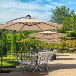 Costway 10' Hanging Solar LED Umbrella Patio Sun Shade Offset Market W/Base Beige -Garden Promotional Store GUEST 9567f960 fb96 4c83 b690 240949742b7d