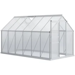 Outsunny Aluminum Greenhouse, Polycarbonate Walk-in Garden Greenhouse Kit With Adjustable Roof Vent, Rain Gutter And Sliding Door For Winter, Silver -Garden Promotional Store GUEST 97df2326 6cde 49c4 bf0e dac18e0f2f93