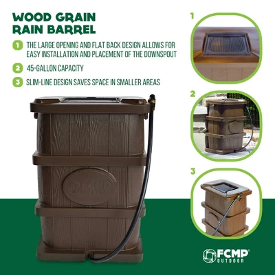 FCMP Outdoor WG4000 45 Gallon Wood Grain Outdoor Home Rain Water Catcher Barrel Flat Back Container With Spigots And Mesh Screen, Brown 6 FCMP Outdoor WG4000 45 Gallon Wood Grain Outdoor Home Rain Water Catcher Barrel Flat Back Container With Spigots And Mesh Screen, Brown - Image 4