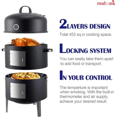 Realcook 17 Inch Vertical Heavy Duty Round Steel BBQ Charcoal Outdoor Smoker With Latch Locking System And Dual Entrance Doors, Black 4 Realcook 17 Inch Vertical Heavy Duty Round Steel BBQ Charcoal Outdoor Smoker With Latch Locking System And Dual Entrance Doors, Black - Image 2