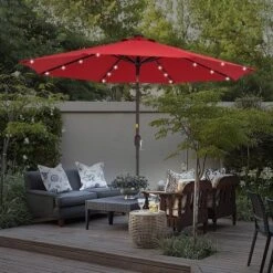 9' X 9' Solar LED Patio Umbrella With Tilt Adjustment And Crank Lift Red - Wellfor -Garden Promotional Store GUEST ce3a32b6 b188 481b be13 7a923a4b4ec3