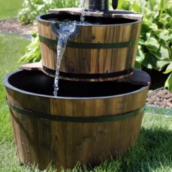 Sunnydaze Decor Sunnydaze 34"H Electric Fir Wood 2-Tier Farmhouse Barrel With Metal Decorative Hand Pump Outdoor Water Fountain -Garden Promotional Store GUEST dae8606f 66be 4213 a5e4 1acda91b74d9