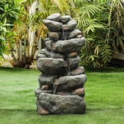LuxenHome 33.5" H Gray Resin Cascading Rock Outdoor Fountain