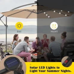 Costway 10' Hanging Solar LED Umbrella Patio Sun Shade Offset Market W/Base Beige -Garden Promotional Store GUEST f40fcc4a 1f14 47dc 8c59 6c61c59cba70