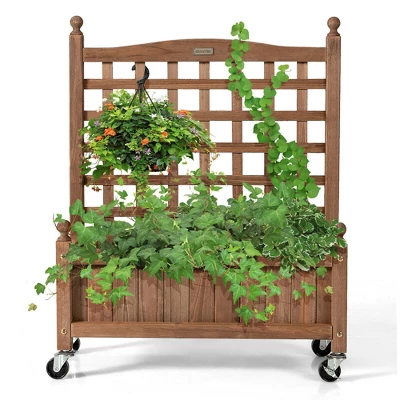 Costway 32in Wood Planter Box W/Trellis Mobile Raised Bed For Climbing Plant 9 Costway 32in Wood Planter Box W/Trellis Mobile Raised Bed For Climbing Plant - Image 7